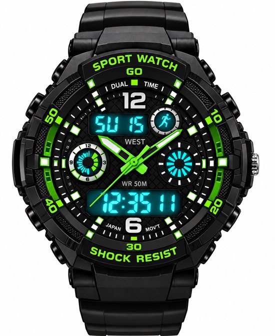 Close-up van een zwart kinderhorloge met groen accent, wijzers en een digitaal display.