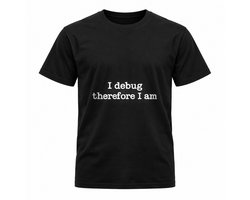 Kleurrijk plat 'I debug / therefore I am' T-shirt – Uniek programmeren design voor ontwikkelaars en coders