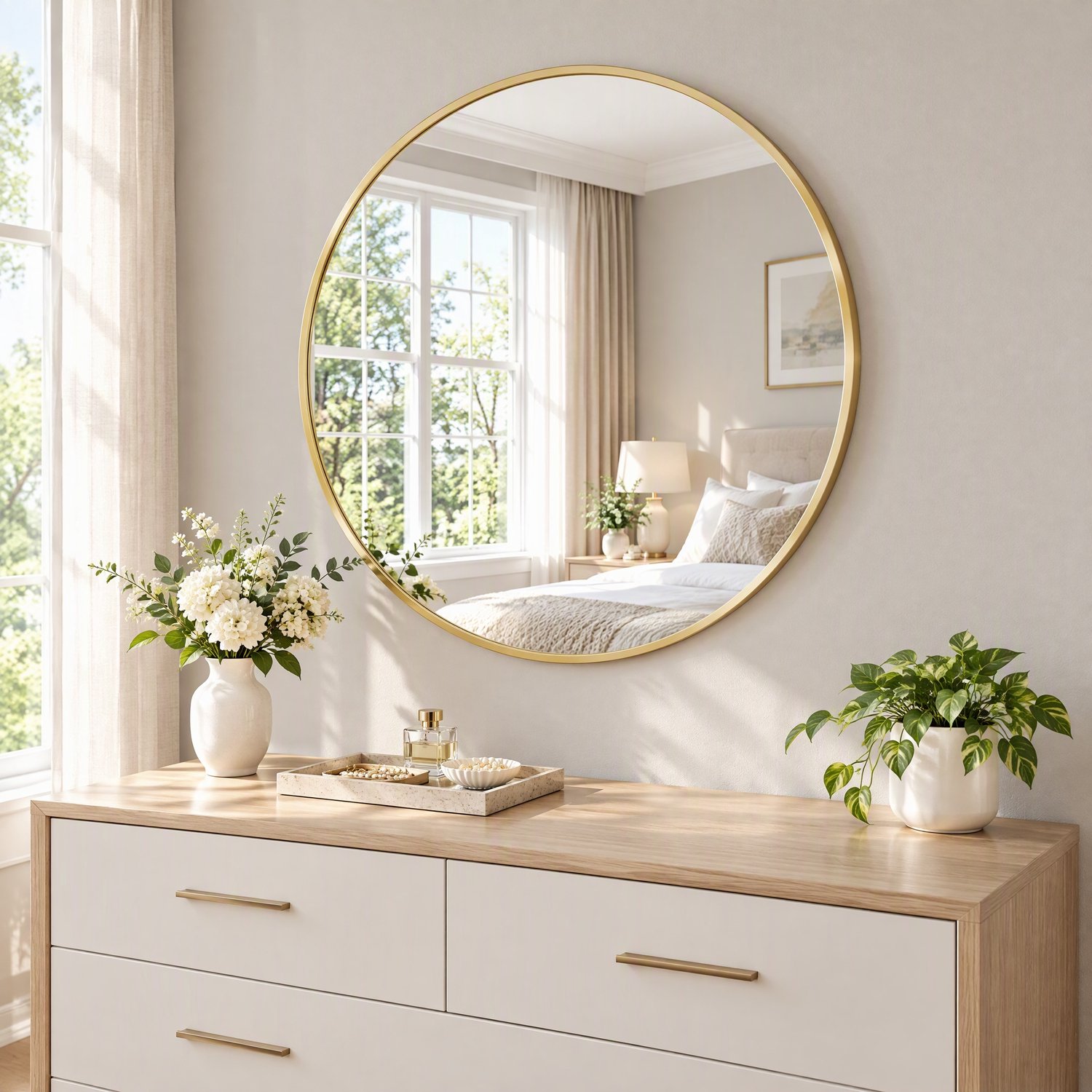 Ronde wandspiegel Ø 75 cm, Moderne badkamerspiegel, Grote spiegel geschikt voor slaapkamer, woonkamer en hal, Metalen lijst, Goud