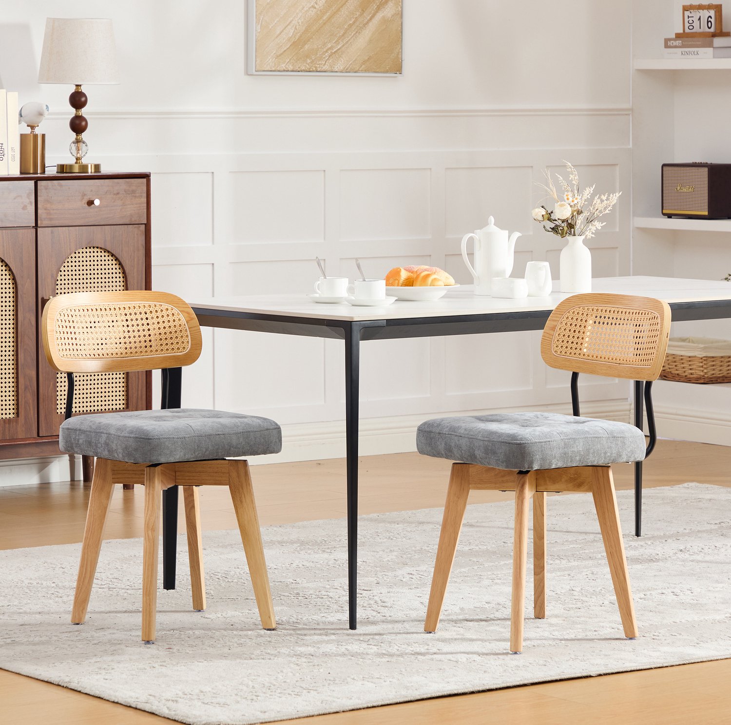 MODFU Eetkamerstoelen Set Van 2 - 360° Draaibaar - Retro - Chenille - Grijs