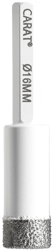 Witte Carat droogboor met zeskantschacht, diameter 16 mm, voorzien van een ruwe, zilverkleurige diamantboorkop.
