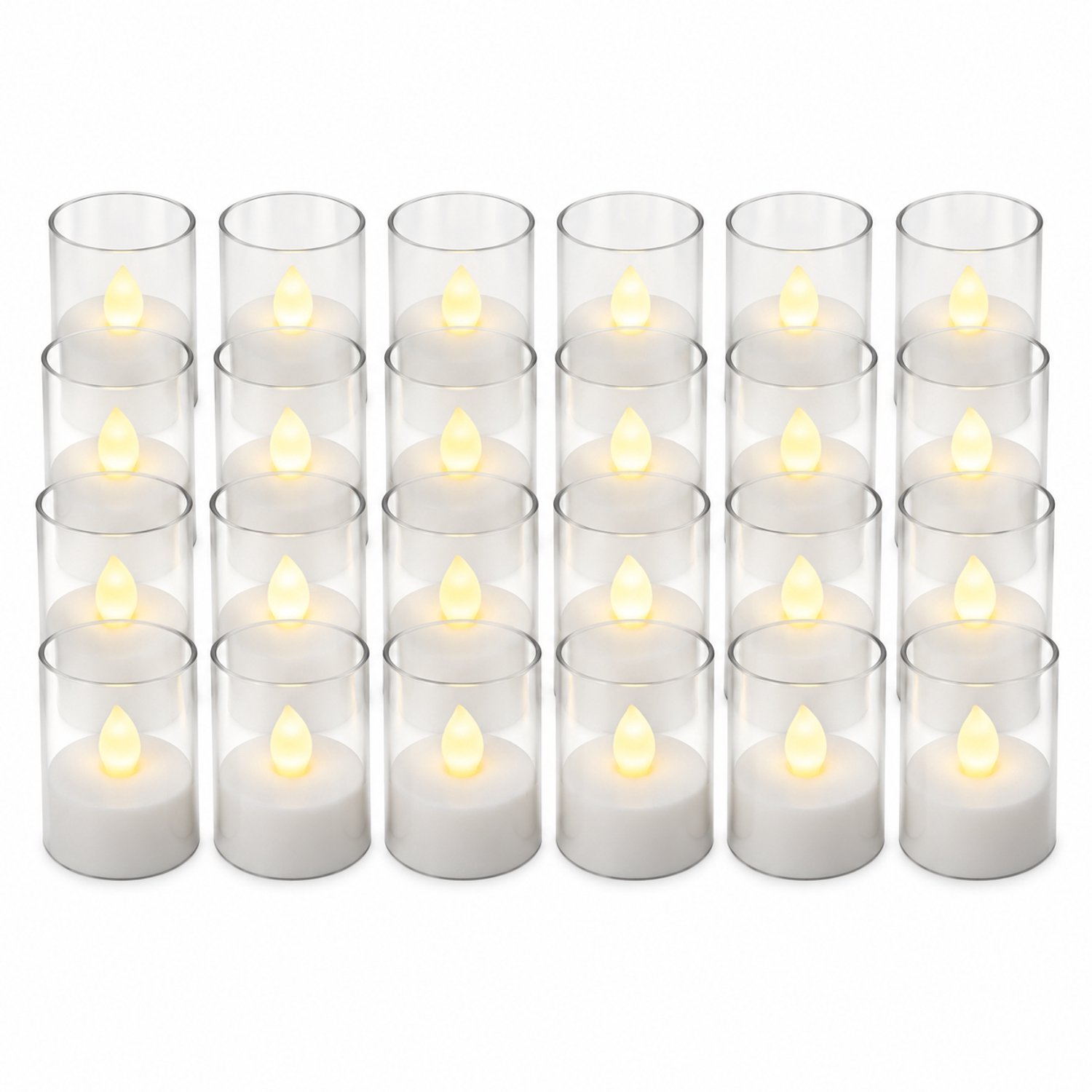 SWGOTA led kaarsen - 24 theelichtjes in transparante cups, met afstandsbediening en 1 knoopcel voor de afstandsbediening, per doos