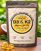 Vitamine D3 1000 IU = 25 Mcg met K2 (MK-7) 200 mcg – Met Kokosolie – 180 Softgels Ondersteunt Botten en Immuunsysteem
