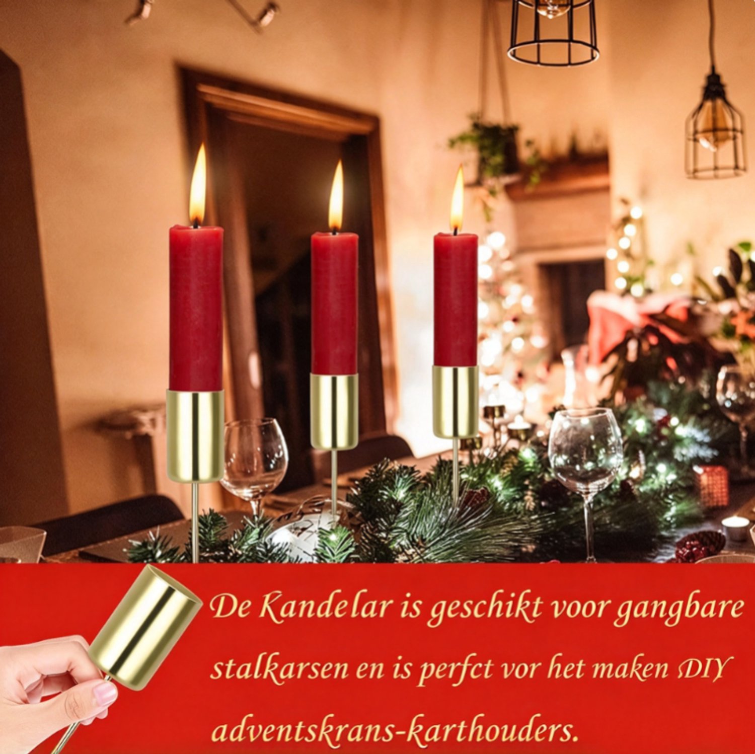 Set van 8 adventskranskaarsenhouders met een diameter van 2,5 cm, metalen taps toelopende kaarsenhouders met pin voor het zelf maken van een adventskrans. Kerstversiering,goud – foto 6