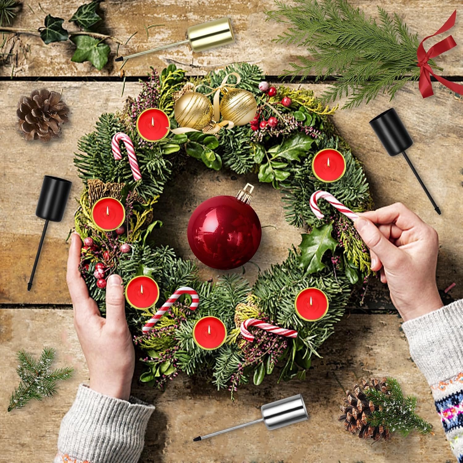 Set van 8 adventskranskaarsenhouders met een diameter van 2,5 cm, metalen taps toelopende kaarsenhouders met pin voor het zelf maken van een adventskrans. Kerstversiering,goud – foto 5