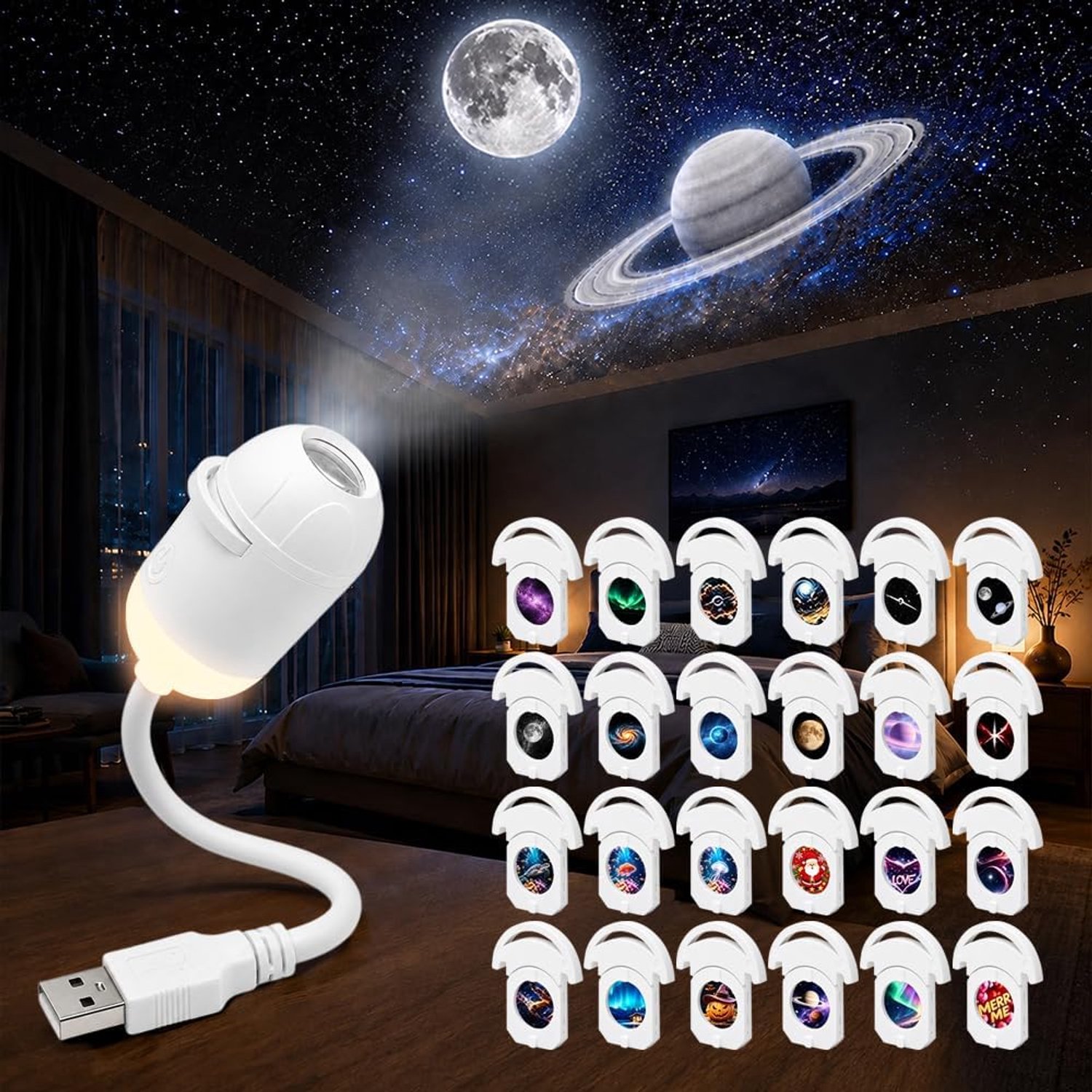 24-in-1 Galaxy Projector- Projectorlamp - Nachtlampje, 24 patronen - Dimbare LED - met 360° Rotatie en USB - Sterren Projector - Planet Projector - Sterrenhemel projector - Sterren Nachtlamp - Galaxy Projector Sterren Nachtlampje -TENGYIF®