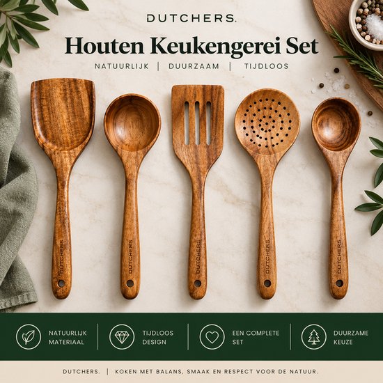 Vijfdelige houten keukengerei set van Dutchers op een marmeren ondergrond met natuurlijke houtlook.