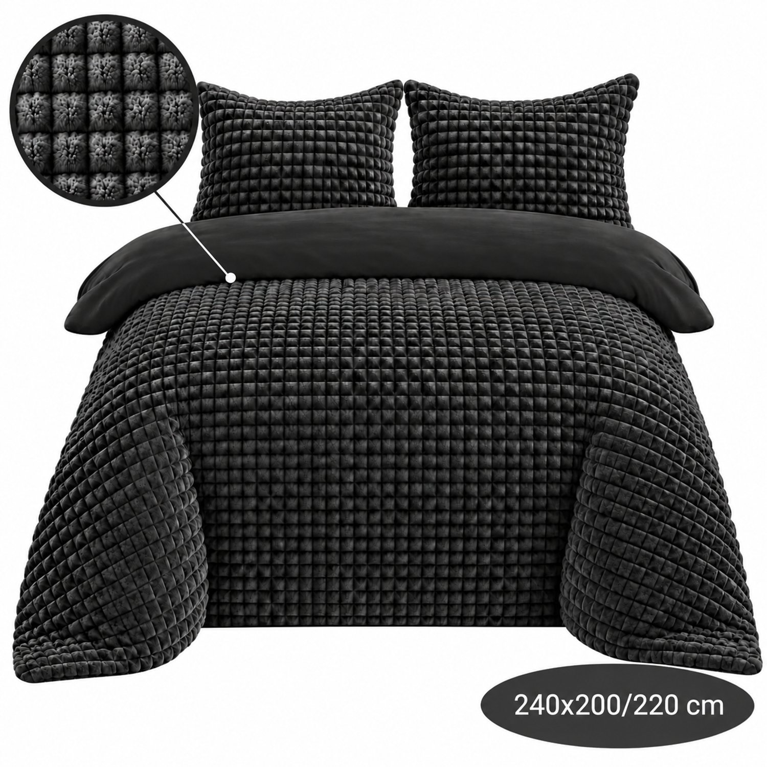 Roden Blue - Popcorn fleece dekbedovertrek set - 240x200/220 cm - Zwart - Zacht - Anti-allergeen - Wasbaar
