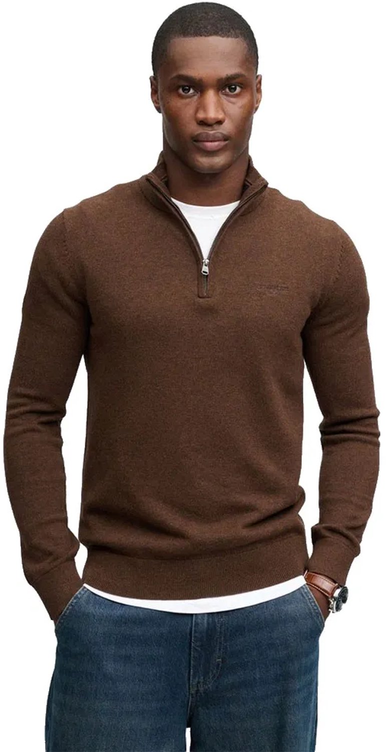 Superdry Prep Essential Cotton Half Zip Trui Slanke Pasvorm Heren Sweaters Chocoladebruin Gemeleerd