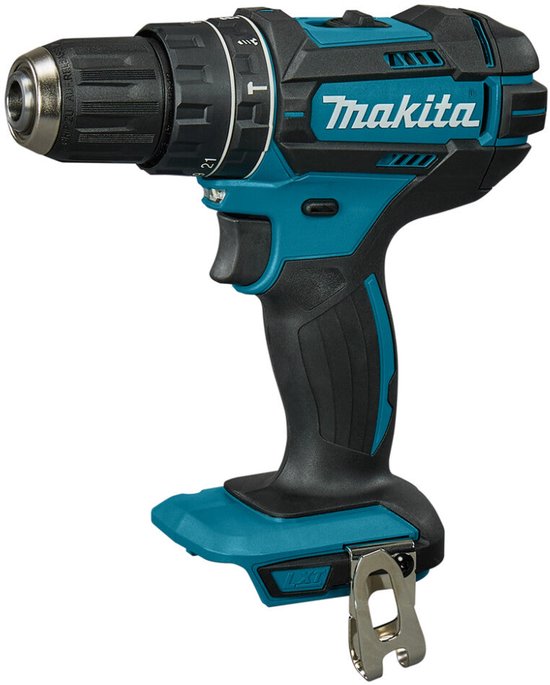 Zijprofiel van Makita accuklopboormachine in kenmerkend blauw en zwart met boorkop en LXT-logo.