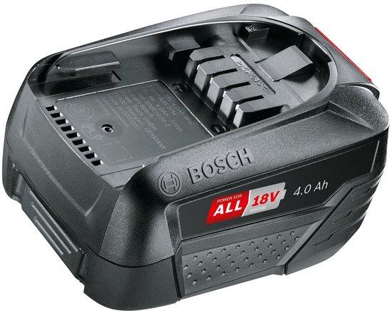 Zwarte Bosch 18V 4.0Ah Lithium-Ion accu uit de Power For All serie, met duidelijke technische specificaties op de behuizing.