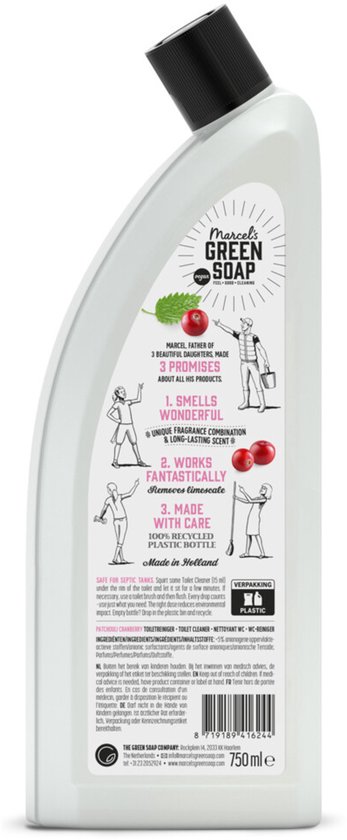 Achterkant van de Marcel's Green Soap fles met '3 promises' en ingrediënten in het Engels.
