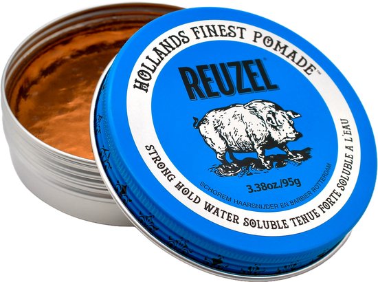 Geopend blikje Reuzel Blue Pomade met amberkleurige inhoud en blauwe deksel met varkenslogo.
