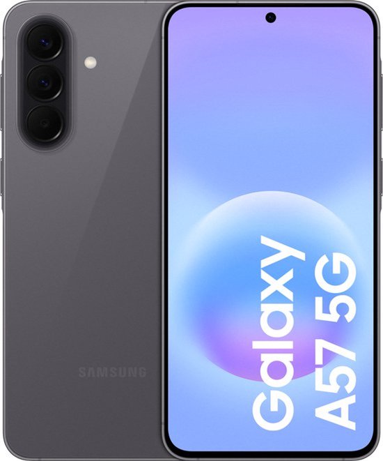 Grijze Samsung Galaxy A57 5G, tonend de achterkant met camera's en de voorkant met scherm.