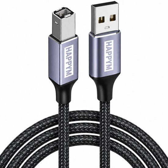 USB-A naar USB-B printerkabel met gevlochten zwarte nylon kabel en HAPPYM grijze aluminium connectoren.