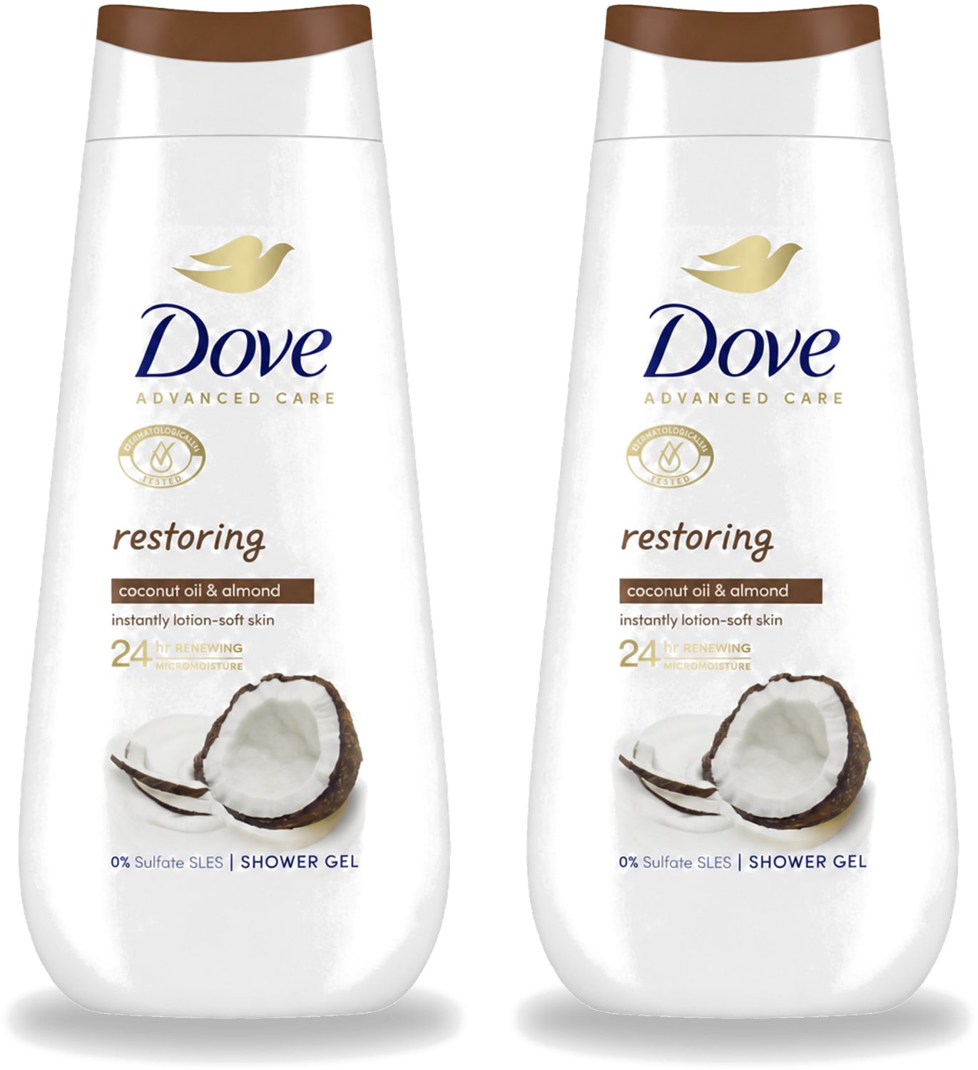 2 x Dove Douchecrème - Restoring - Kokos & Amandel - 225 ml - Voordeelverpakking - 2 stuks