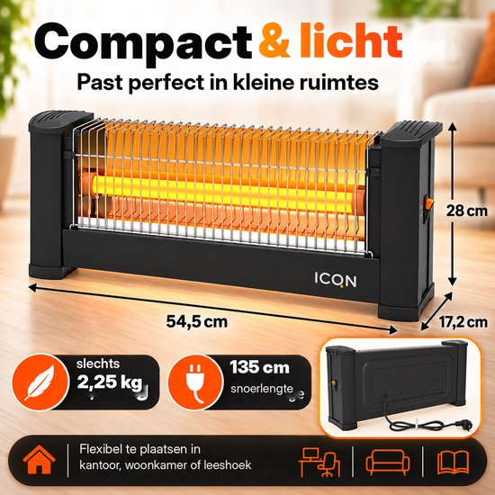 Compacte 900W kachel van 54,5 bij 28 cm, weegt 2,25 kg, inclusief achterkant met snoer.