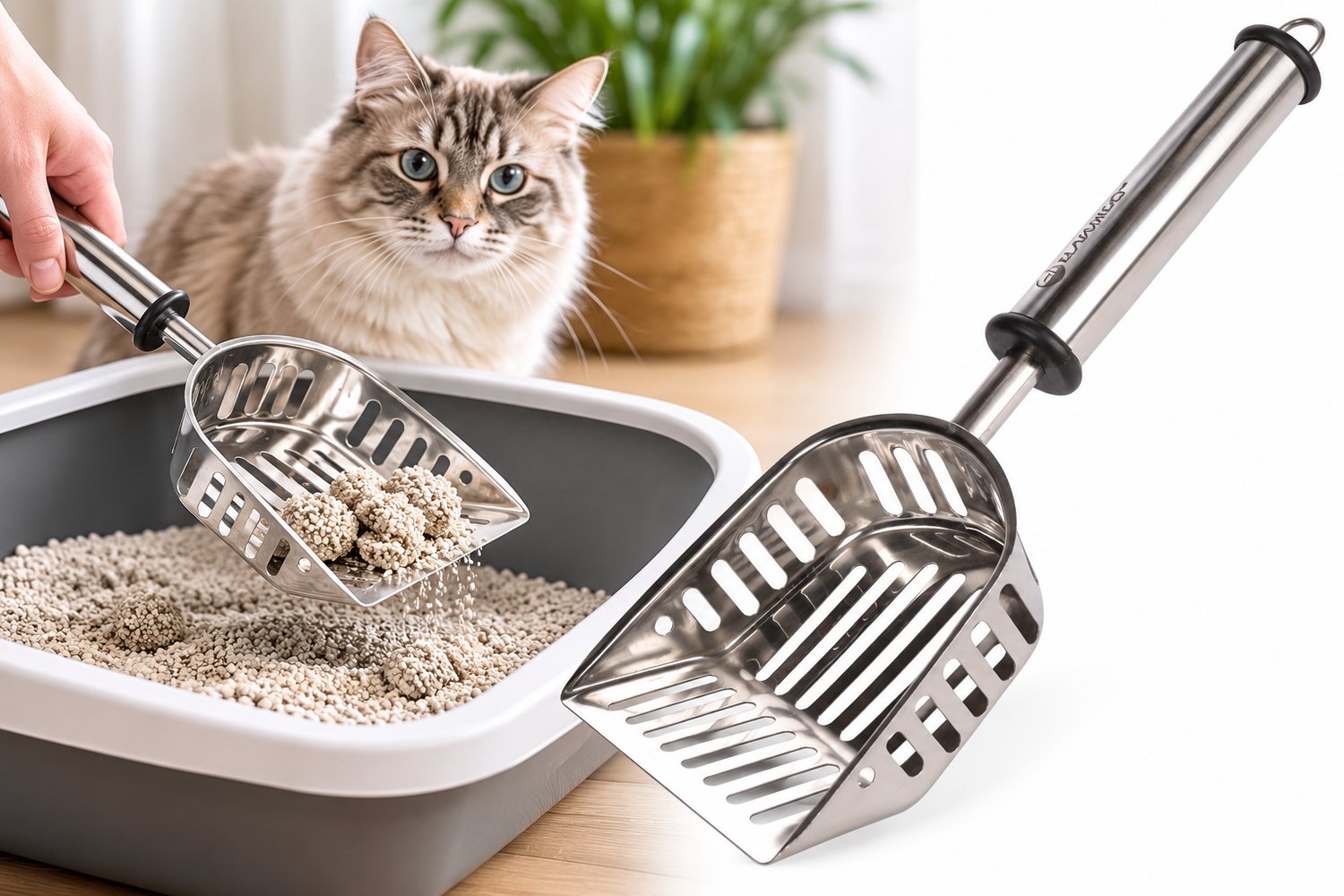Bol.com Flamingo Kattenbakschep ""Ian"" – Zilver – 31,5 x 14,2 x 4 cm – Duurzame en Fijnmazige Schep voor Kattenbakreiniging aanbieding
