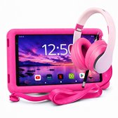 Tablette rose pour enfant avec coque de protection et casque audio rose assorti.
