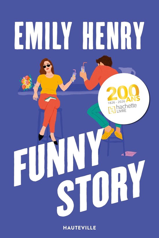 Boekomslag Funny Story van Emily Henry, met een man en vrouw bij een bar op een blauwe achtergrond.