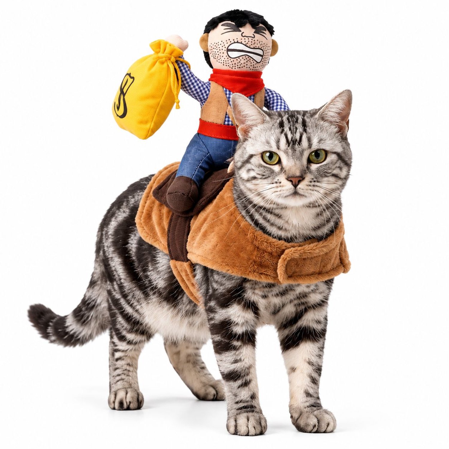 Grappig 'Rider'-kostuum voor honden en katten – Cowboy-outfit met pop en gele tas – Halloween-cosplaykleding voor kleine tot middelgrote honden en katten – Voor feestjes en fotoshoots (M, L, XL)