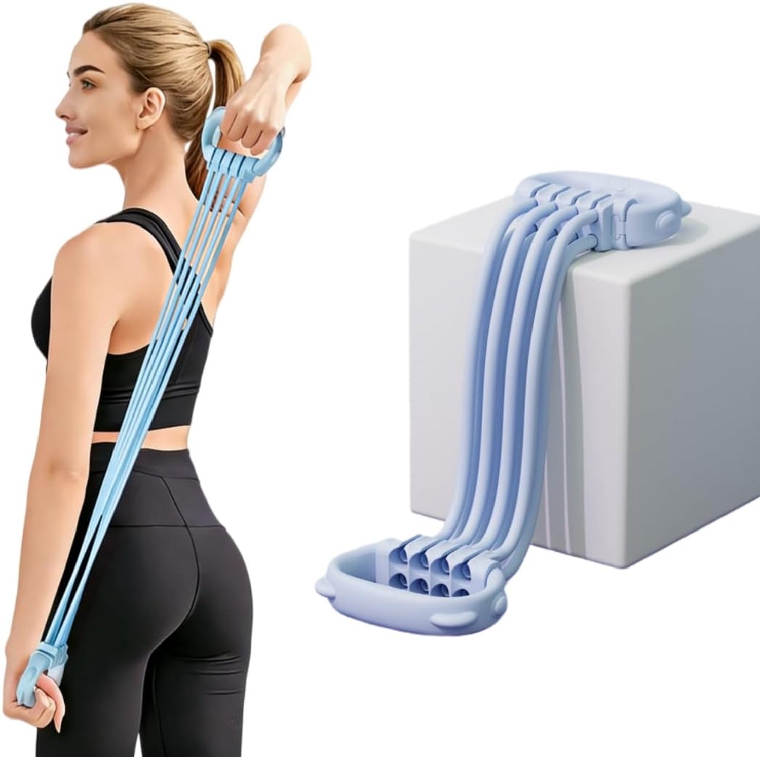 Weerstandsband in 8-vorm met handgrepen, blauwe Pilates-oefenband voor arm-, rug- en schoudertraining, draagbare fitnessapparatuur voor thuis, verstelbare weerstandsslang voor mannen en vrouwen