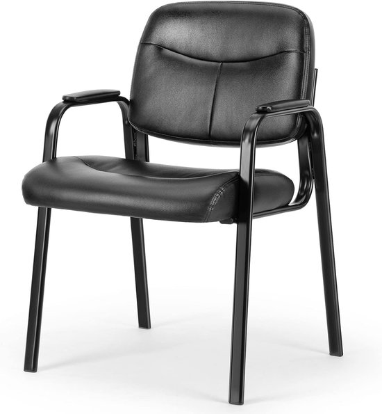 Wachtkamerstoel met Armleuningen – Zwarte Leren Receptiestoel – Comfortabele Bezoekersstoel met Gewatteerde Zitting – Kantoorstoel Zonder Wielen – Metalen Frame – Draagvermogen 136 kg