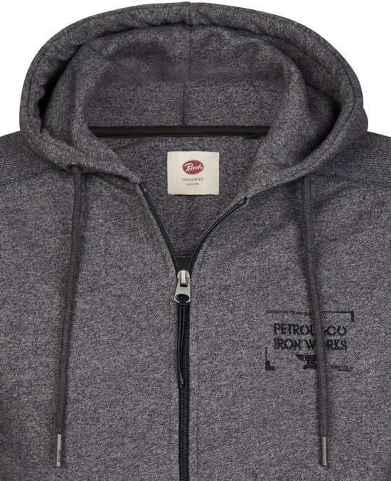 Donkergrijs gemêleerd vest met rits, capuchon, trekkoorden en Petrol Industries-logo op de borst.