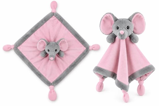 Zacht roze knuffeldoekje met grijze olifant en knoopjes aan de uiteinden.