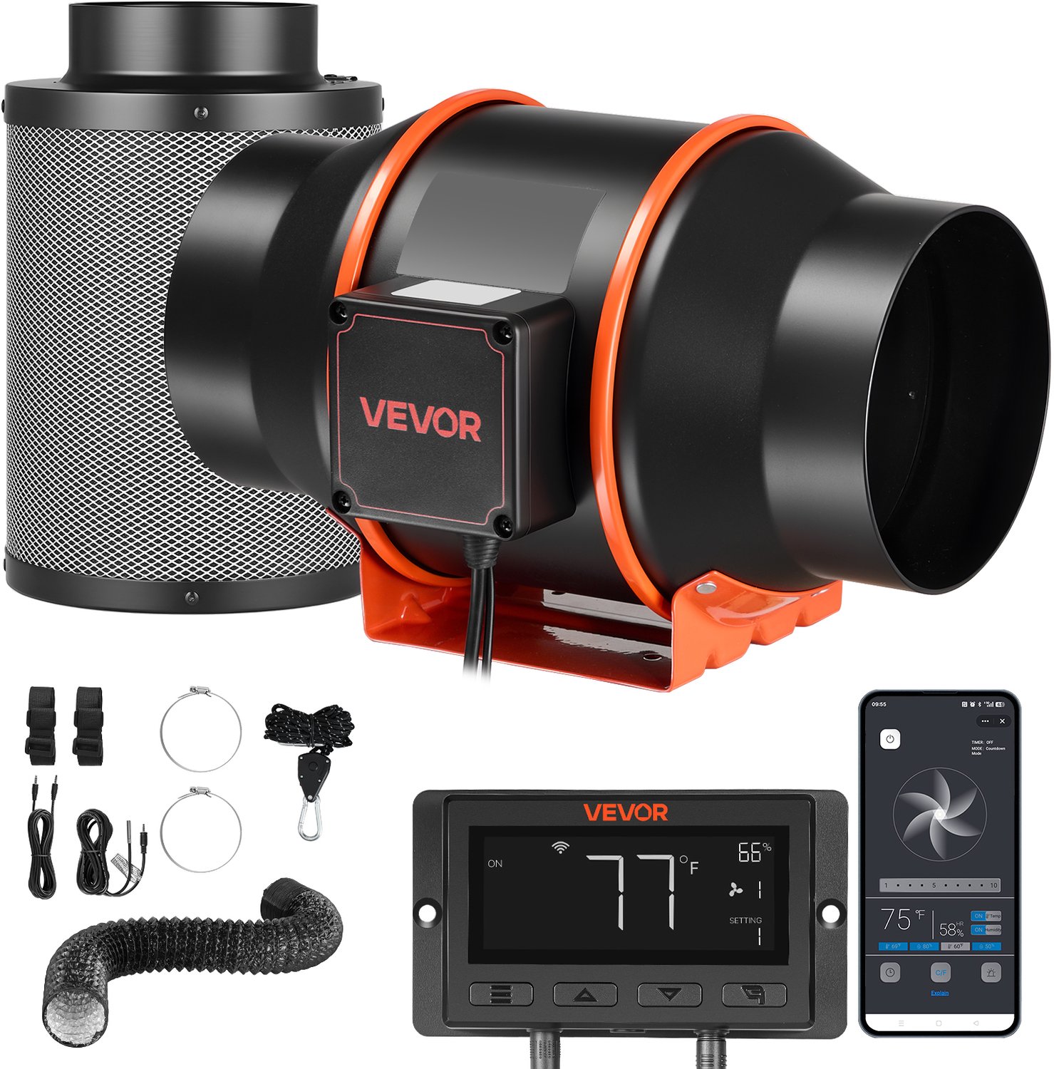VEVOR Inline Kanaalventilator Kit met Koolstoffilter, 683 m³/h 152,4 mm EC-Motor, Afzuigventilator met 10 Snelheden, PWM-Controller, App-Bediening, Timer, Koeling voor Kweektenten, Binnentuinen en Hydrocultuur