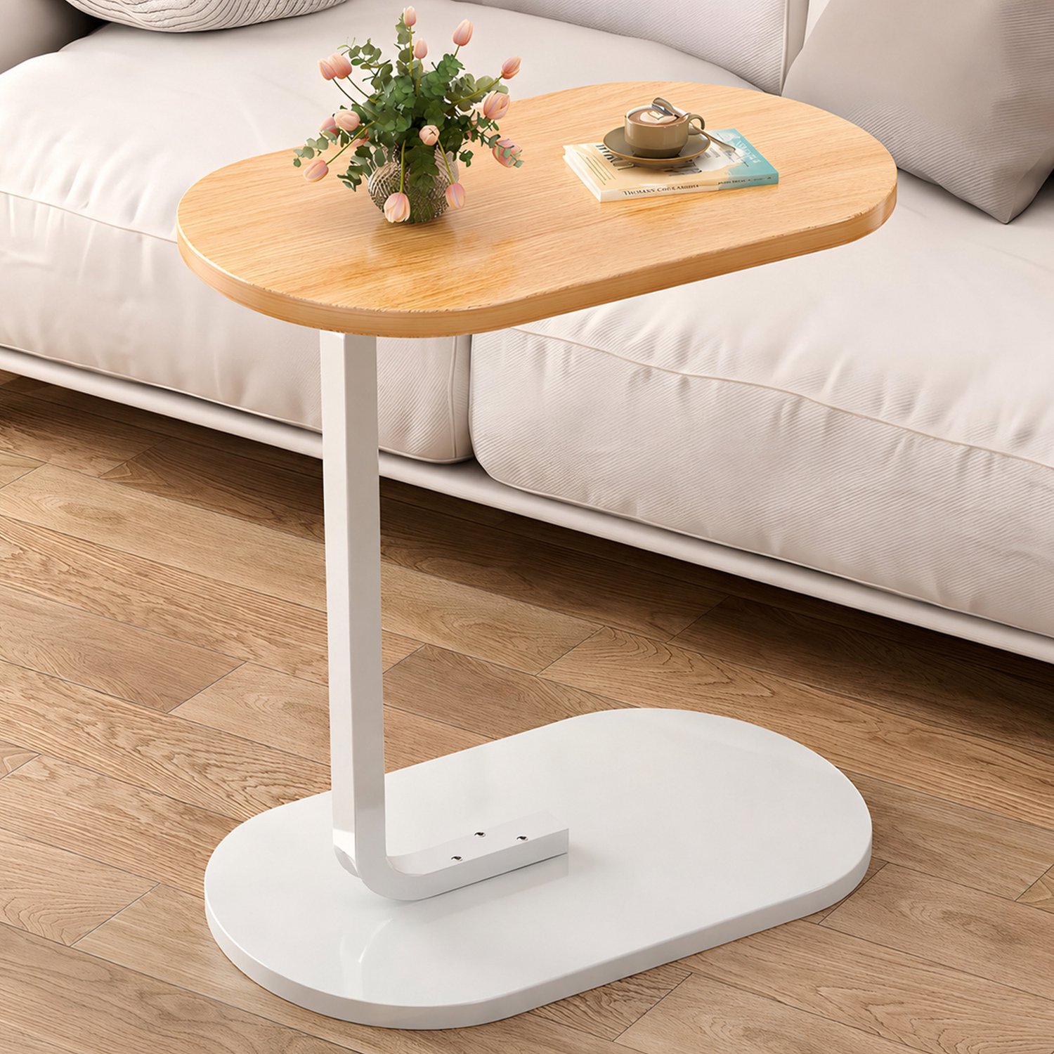 MIVRAY Bijzettafel C-vormig – 39,5 x 28,5 x 55 cm – Hout – Houtkleur – Bank en Bed – Laptoptafel, Snacktafel en Tv-tafel Natuurlijke houttint
