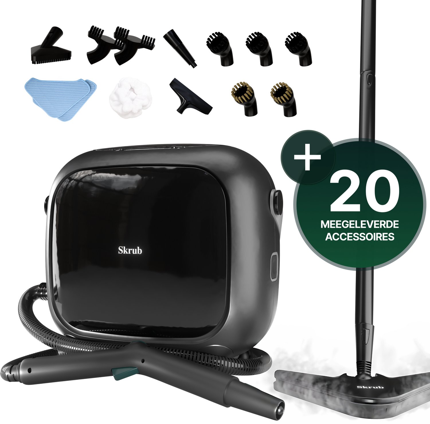 Skrub Stoomreiniger PRO voor Badkamer, Vloer en Bank - Tapijtreiniger - Stoomdweil - Handstomer - 3,5 Bar - 1500W - 45 Min - 20 Accessoires