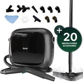 Zwarte Skrub stoomreiniger met 20 meegeleverde accessoires, inclusief hulpstukken en vloerwisser met stoom.