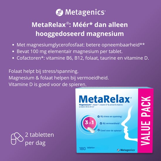Informatiepagina over MetaRelax 180 tabletten met voordelen voor stress, vermoeidheid en spieren.