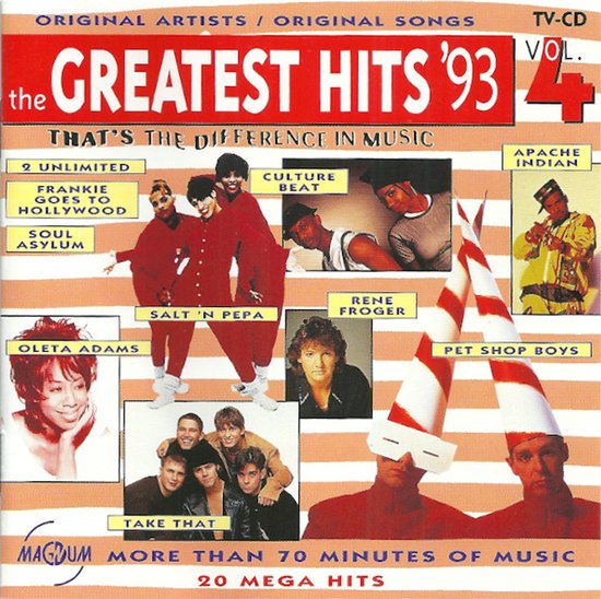 Cd-hoes The Greatest Hits '93 vol. 4 met fotocollage van artiesten en twee figuren met kegelvormige hoeden.