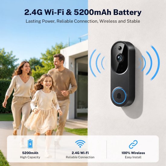 Draadloze Deurbel met Camera - HD Nachtzicht - Intercom - Zwart — afbeelding 2