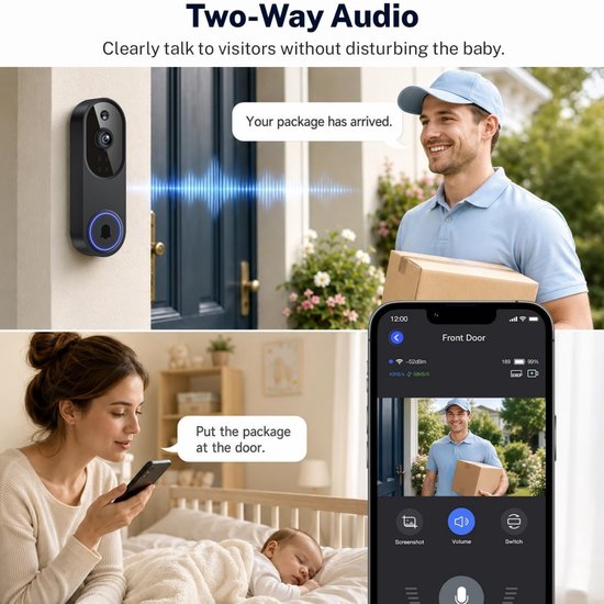 Draadloze Deurbel met Camera - HD Nachtzicht - Intercom - Zwart — afbeelding 3