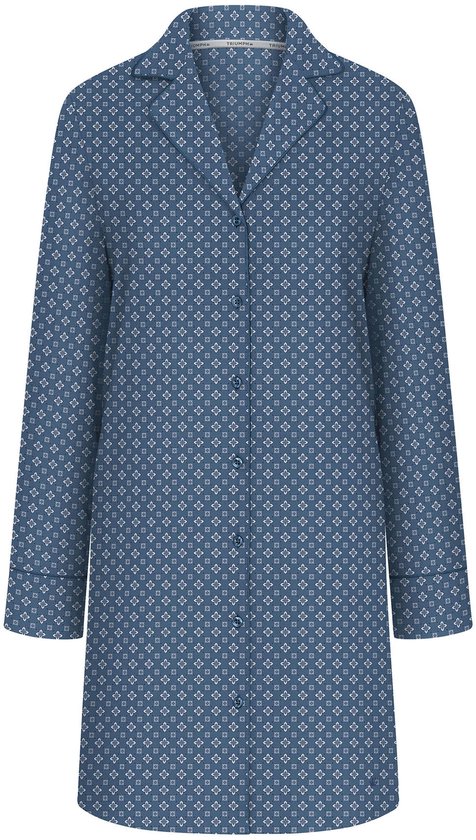 Blauw Triumph nachthemd met wit geometrisch patroon, kraag en knoopsluiting aan de voorzijde.