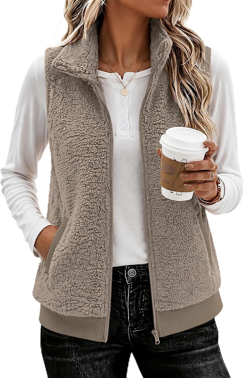 Vest teddy fleece met kraag en zakken