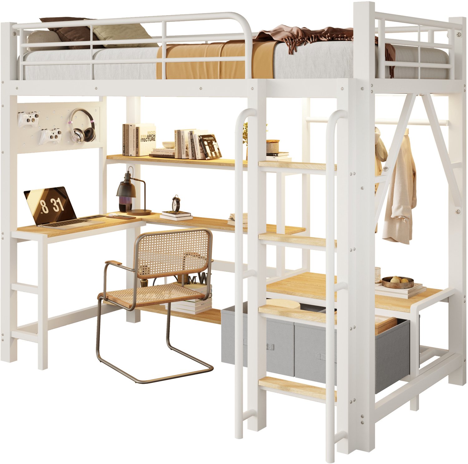 WUVRIE Hoogslaper 90x200 cm - Met bureau, opbergruimte, LED en USB - Wit