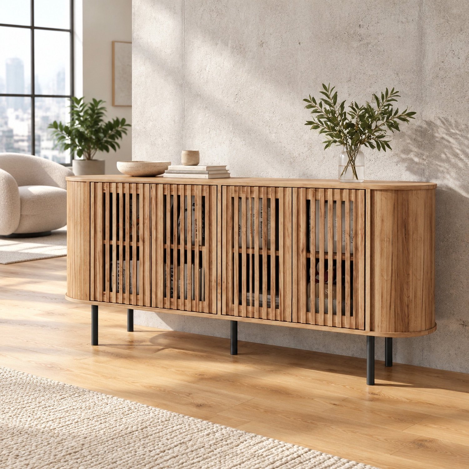 MODFU Dressoir Met Schuifdeuren En Verstelbare Planken - MDF - Naturel - 160x40x70 Cm Natuurlijke houtkleur