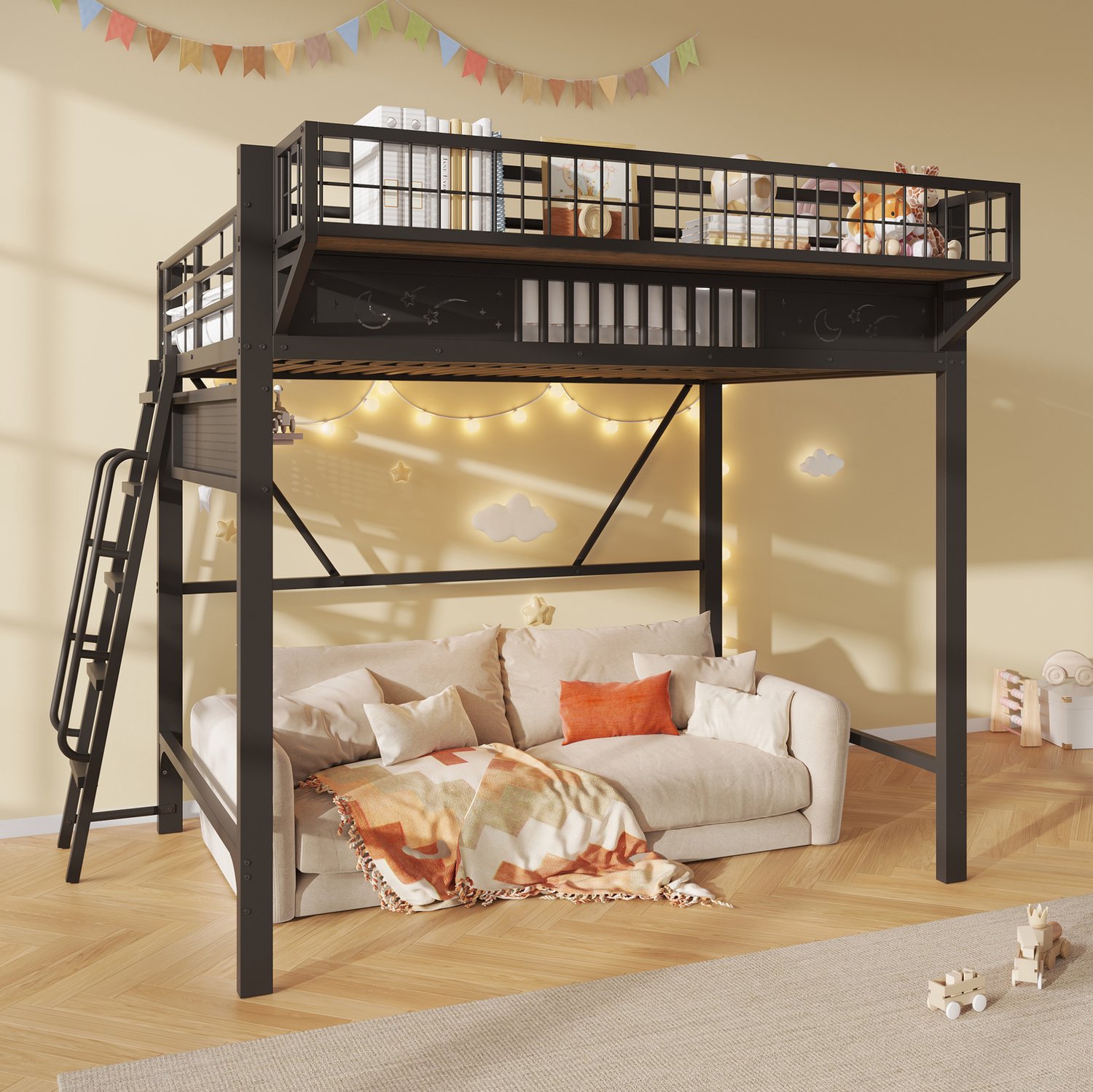 WUVRIE Hoogslaper 140x200 cm - Metalen frame met opbergvakken en open onderruimte - Zwart