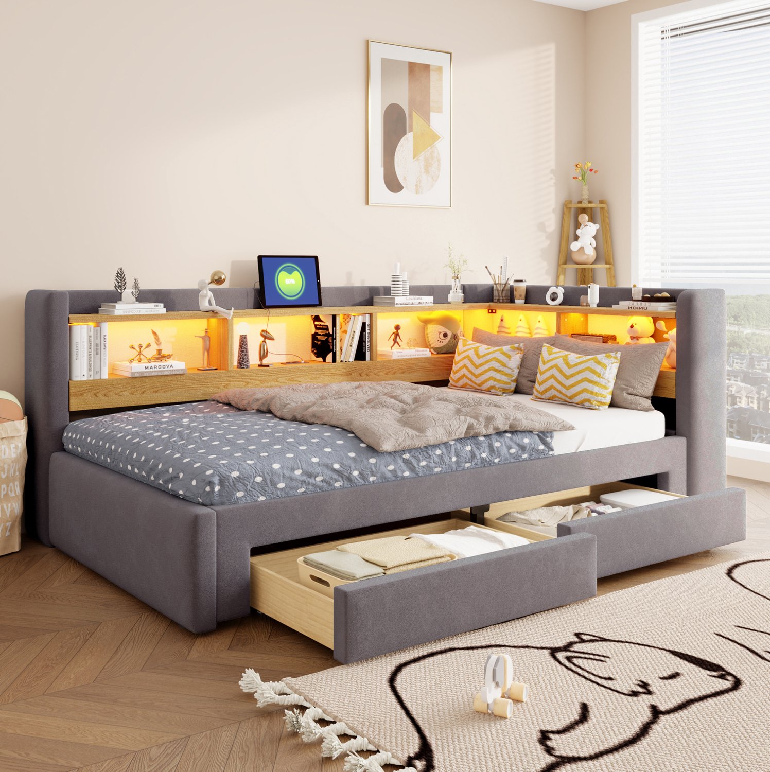 WUVRIE Slaapbank 90x200 cm - Uitschuifbaar tot 180x200 cm met opbergruimte, LED en stopcontact - Grijs