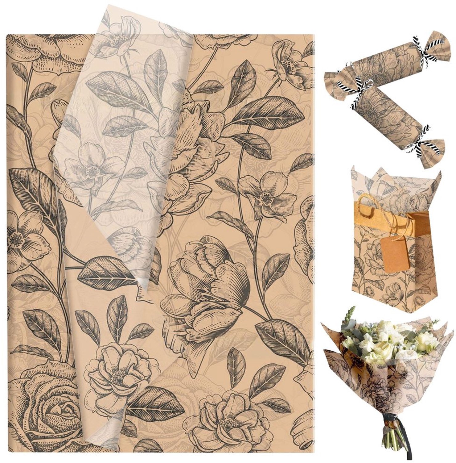 Vintage Kraft Papier - 50 Vellen - Roze Retro Bloemen