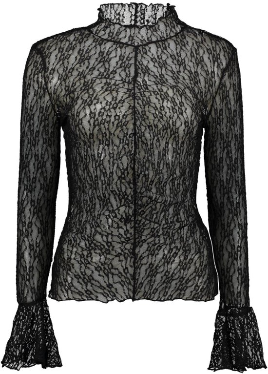 Zwarte kanten longsleeve top met ruches en flared mouwen.