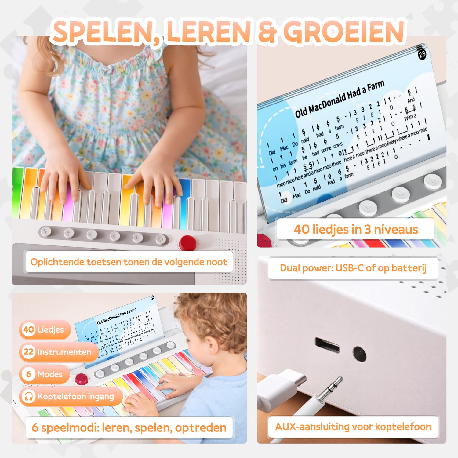 Keyboard voor Kinderen – Educatieve Speelgoed Piano met 37 Oplichttoetsen – Keyboard Piano Kind – 87 Liedjes & 22 Instrumentgeluiden – Educatief Speelgoed Instrument — afbeelding 4