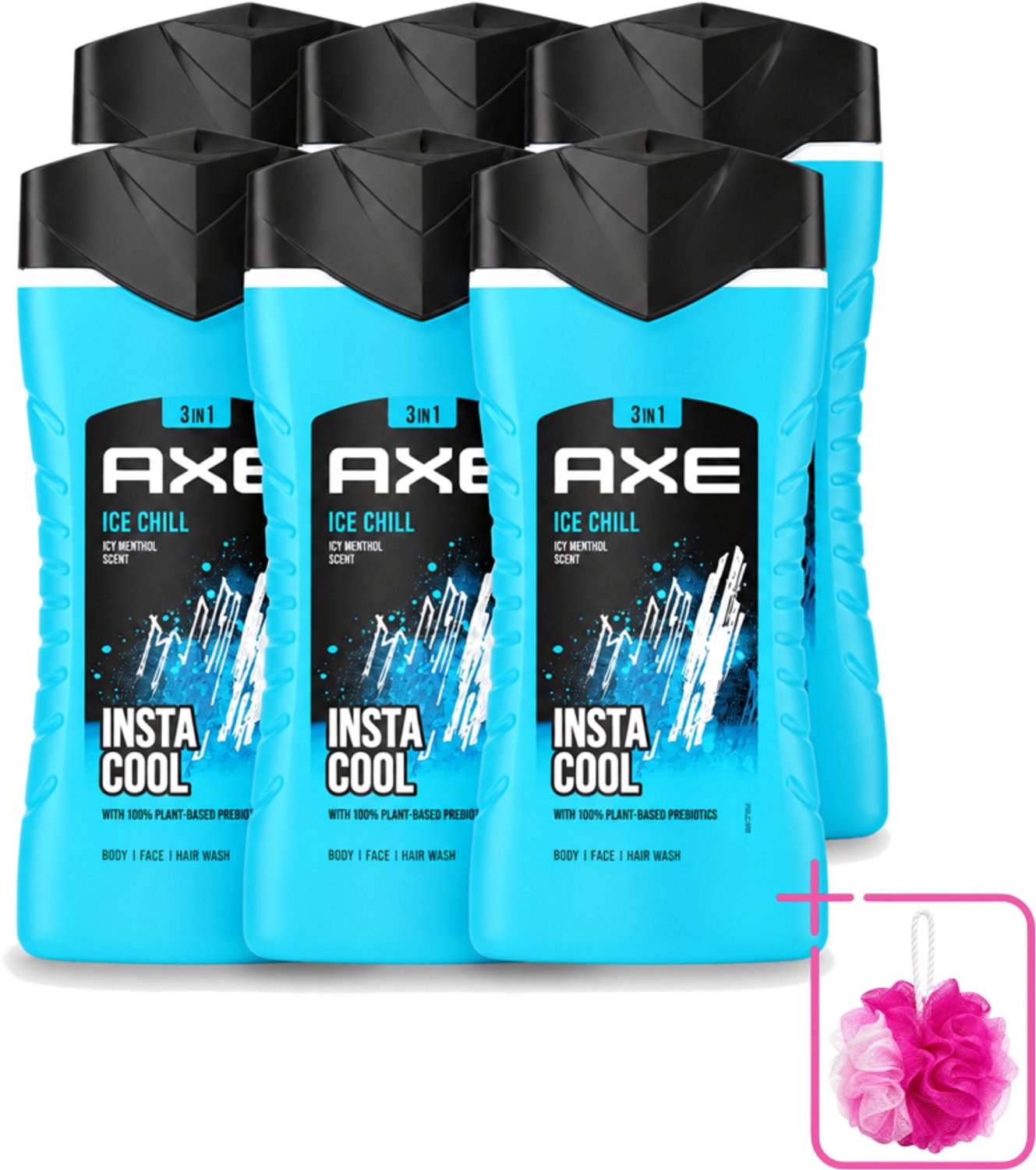 6 x Axe - 3-in-1 Douchegel - Ice Chill - Icy Menthol - Insta Cool - 100% Plantaardig - 150 ml - Bulkverpakking - Douchegel - Douchemop - Menthol