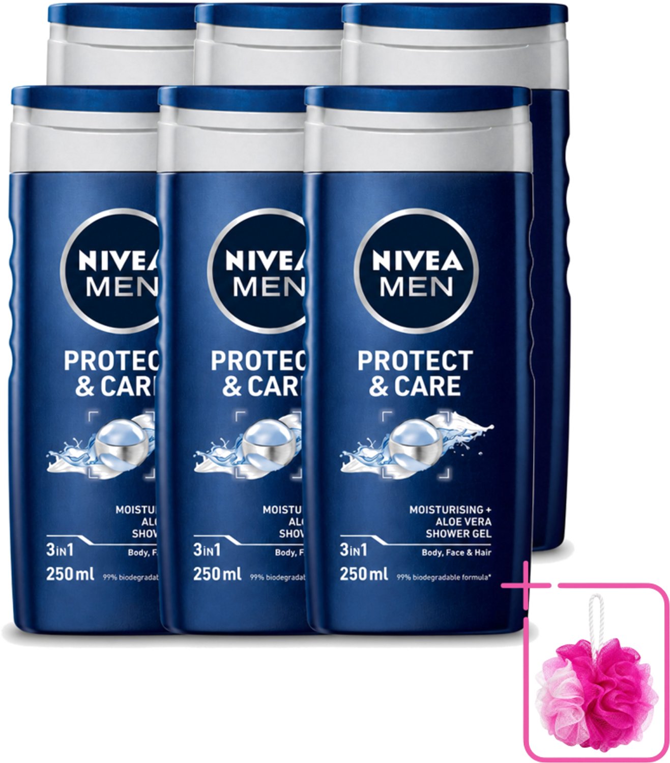 6 x Nivea - Men - Douchegel - Protect & Care - Met Aloe Vera 250 ml - Bulkverpakking - Douchegel voor mannen - Douchemop - Aloë vera douchegel