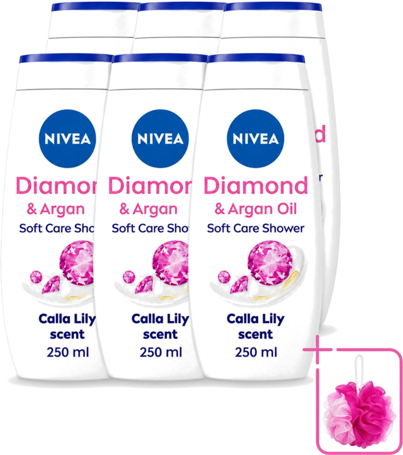 6 x Nivea - Diamond Touch Douchegel - Sensuele Leliegeur - 250 ml - Bulkverpakking - Douchegel - Douchemop - Diamantpoeder