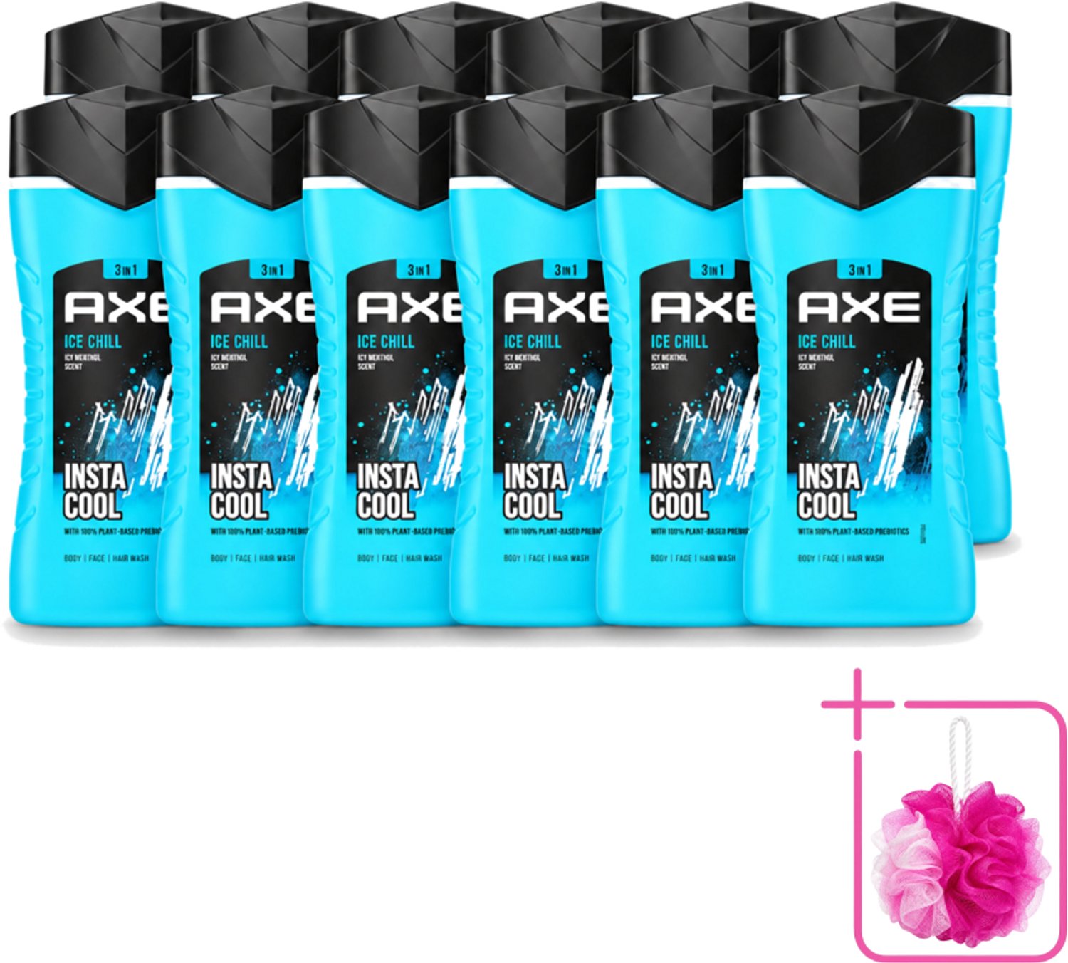 12 x Axe - 3-in-1 Douchegel - Ice Chill - Icy Menthol - Insta Cool - 100% Plantaardig - 150 ml - Bulkverpakking - Douchegel - Douchemop - Menthol